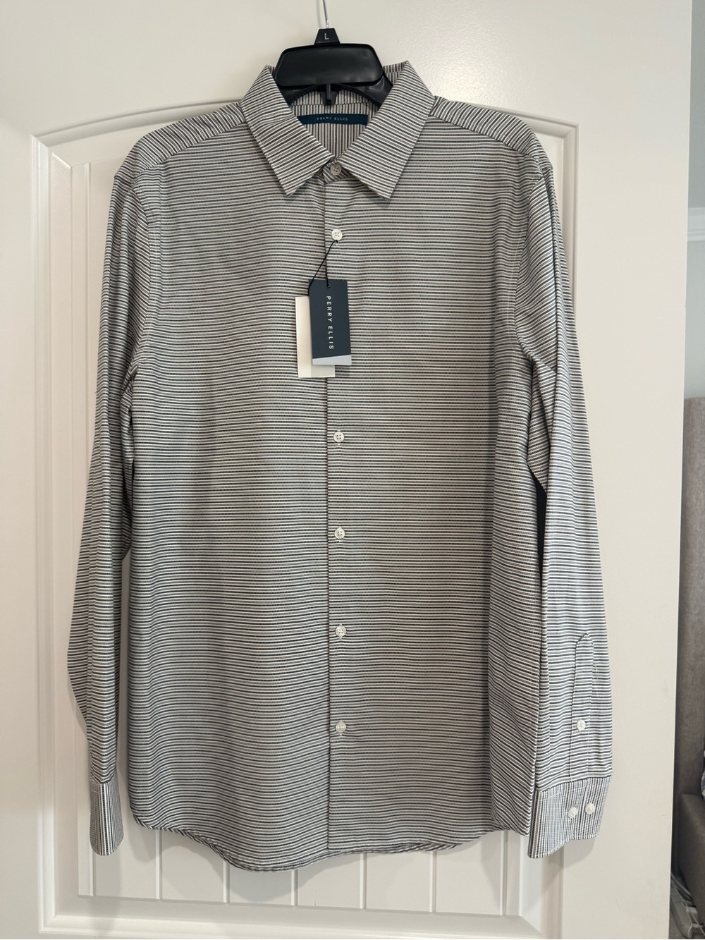 Perry Ellis Gray and White Fine-Striped Dress Shirt